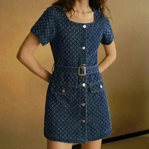 Blue Women's Flap Detail Buckle Belted Swiss Dot Denim Dress - Picture 3 of 8